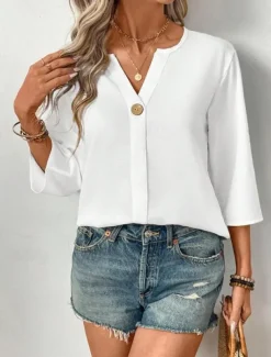 Women's Blouse Solid Color Stylish Casual 3/4 Length Sleeve V Neck Regular Tops Daily Holiday Buttons Black White Orange Summer Spring