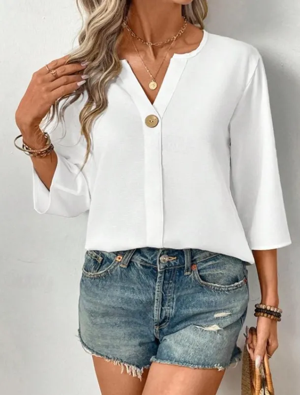 Women's Blouse Solid Color Stylish Casual 3/4 Length Sleeve V Neck Regular Tops Daily Holiday Buttons Black White Orange Summer Spring