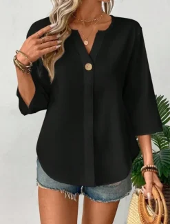 Women's Blouse Solid Color Stylish Casual 3/4 Length Sleeve V Neck Regular Tops Daily Holiday Buttons Black White Orange Summer Spring