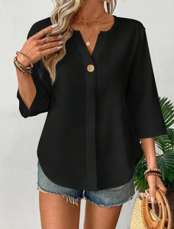 Women's Blouse Solid Color Stylish Casual 3/4 Length Sleeve V Neck Regular Tops Daily Holiday Buttons Black White Orange Summer Spring