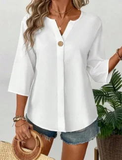 Women's Blouse Solid Color Stylish Casual 3/4 Length Sleeve V Neck Regular Tops Daily Holiday Buttons Black White Orange Summer Spring