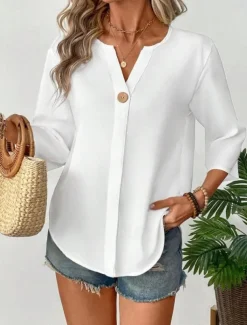 Women's Blouse Solid Color Stylish Casual 3/4 Length Sleeve V Neck Regular Tops Daily Holiday Buttons Black White Orange Summer Spring
