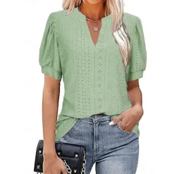 Women's Blouse Solid Color Elegant Daily Stylish Short Sleeve V Neck Regular Tops Daily Holiday Going out Patchwork White Pink Green Summer Spring
