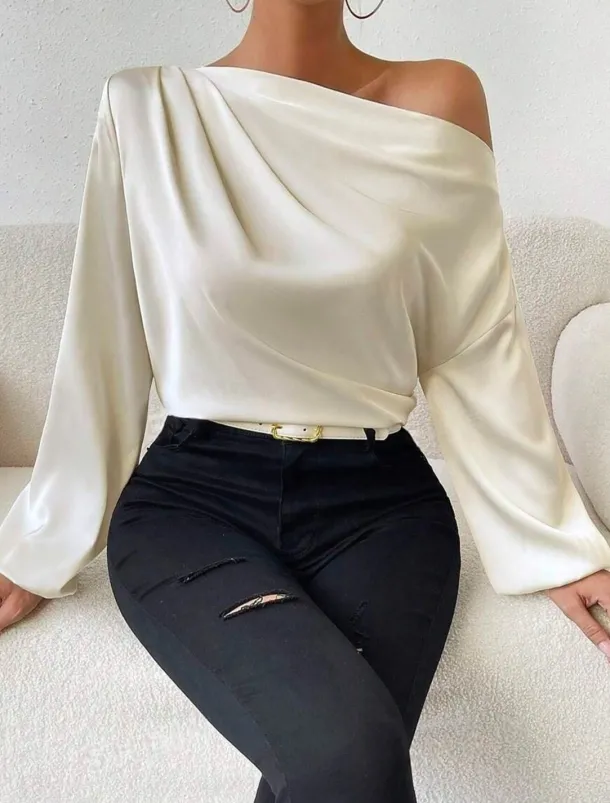 Women's Blouse Solid Color Basic Casual Long Sleeve Lantern Sleeve Asymmetrical Regular Tops Work Daily Holiday Ruched Patchwork White Green Beige Spring Fall