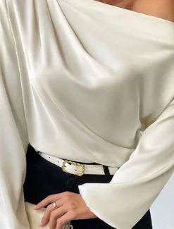 Women's Blouse Solid Color Basic Casual Long Sleeve Lantern Sleeve Asymmetrical Regular Tops Work Daily Holiday Ruched Patchwork White Green Beige Spring Fall