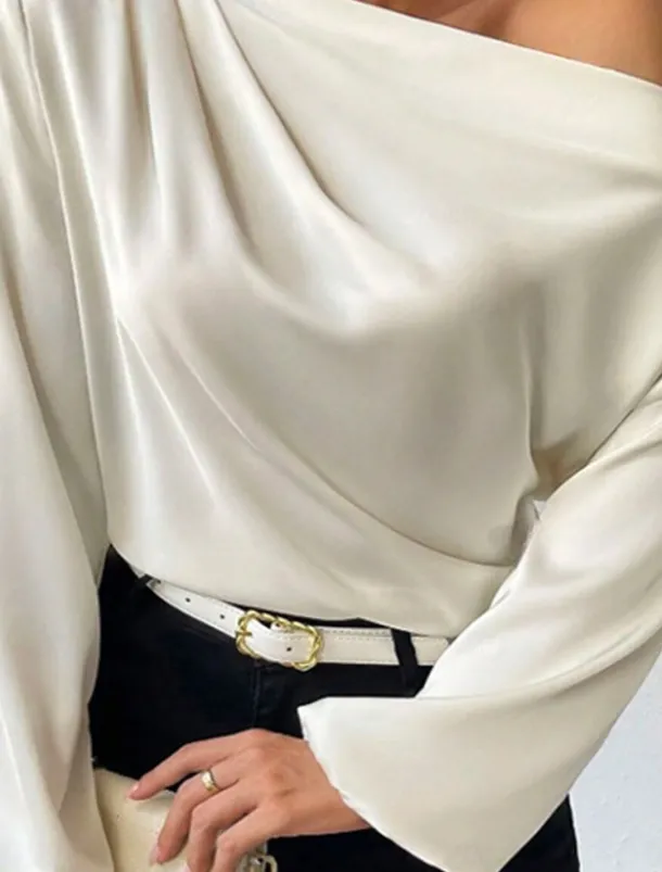 Women's Blouse Solid Color Basic Casual Long Sleeve Lantern Sleeve Asymmetrical Regular Tops Work Daily Holiday Ruched Patchwork White Green Beige Spring Fall