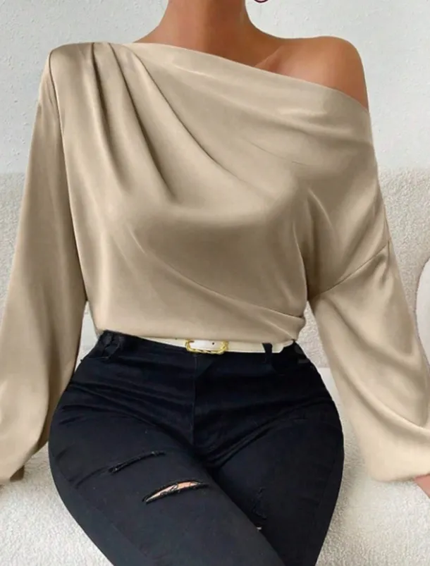 Women's Blouse Solid Color Basic Casual Long Sleeve Lantern Sleeve Asymmetrical Regular Tops Work Daily Holiday Ruched Patchwork White Green Beige Spring Fall