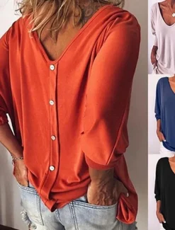 Women's Blouse Solid Color Stylish Casual Long Sleeve V Neck Regular Tops Daily Black White Wine Blue Orange Summer Spring