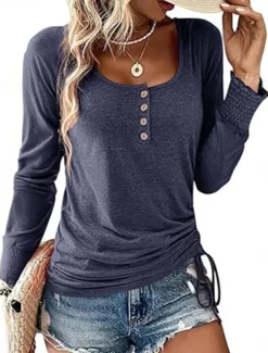 Women's Blouse Solid Color Stylish Casual Long Sleeve Crew Neck Regular Tops Daily Buttons Pink Navy Blue Green Khaki Spring Fall