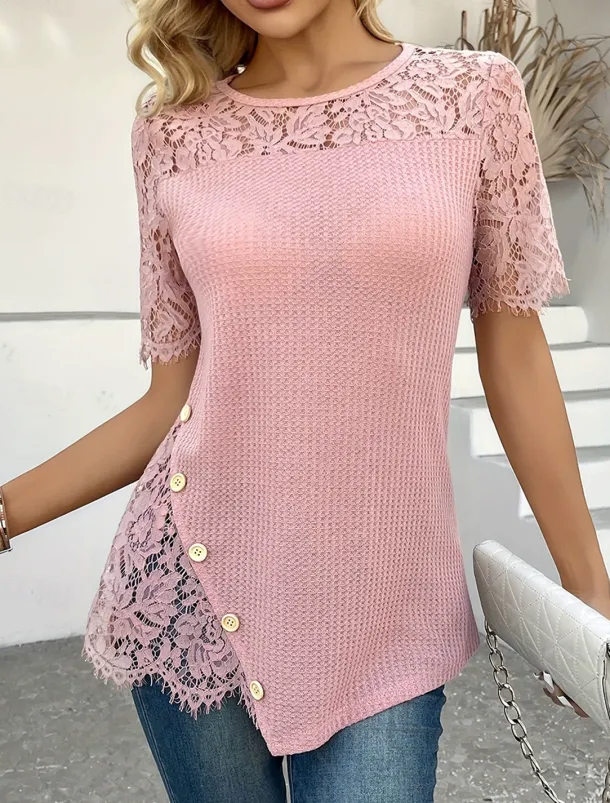 Women's Blouse Solid Color Elegant Short Sleeve V Neck Regular Tops Daily Holiday Going out Lace Patchwork Buttons Pink Summer