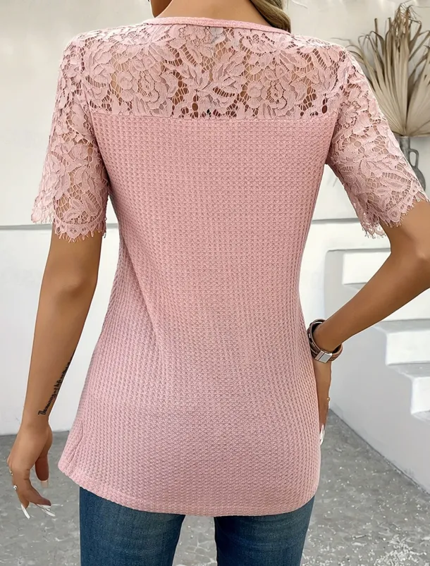 Women's Blouse Solid Color Elegant Short Sleeve V Neck Regular Tops Daily Holiday Going out Lace Patchwork Buttons Pink Summer