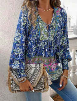 Women's Blouse Stylish Boho Floral Tie Front Lantern Sleeve Long Sleeve Tie Neck Daily Pink Navy Blue Orange Green Summer