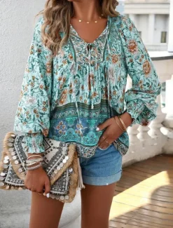 Women's Blouse Stylish Boho Floral Tie Front Lantern Sleeve Long Sleeve Tie Neck Daily Pink Navy Blue Orange Green Summer