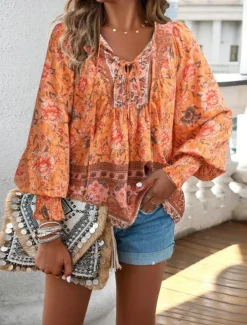 Women's Blouse Stylish Boho Floral Tie Front Lantern Sleeve Long Sleeve Tie Neck Daily Pink Navy Blue Orange Green Summer
