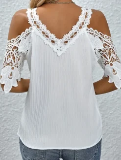 Women's Blouse Stylish Modern Solid Color Lace Short Sleeve Daily White Sky Blue Summer