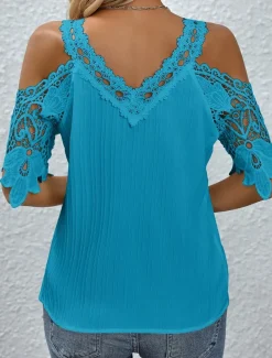 Women's Blouse Stylish Modern Solid Color Lace Short Sleeve Daily White Sky Blue Summer