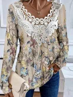 Women's Blouse Tunic Lace Splicing V Neck Long Sleeve Floral Lace Patchwork Print Regular Tops Round Neck Casual Purple Green Khaki Spring & Fall Prefall