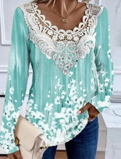 Women's Blouse Tunic Lace Splicing V Neck Long Sleeve Floral Lace Patchwork Print Regular Tops Round Neck Casual Purple Green Khaki Spring & Fall Prefall