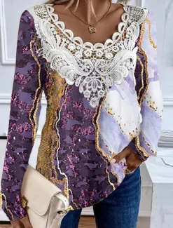 Women's Blouse Tunic Lace Splicing V Neck Long Sleeve Floral Lace Patchwork Print Regular Tops Round Neck Casual Purple Green Khaki Spring & Fall Prefall