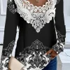 Women's Blouse Tunic Lace Splicing V Neck Long Sleeve Floral Lace Patchwork Print Regular Tops Round Neck Casual Black Light Green Pink Purple Green Spring & Fall