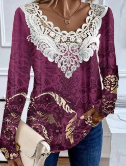 Women's Blouse Tunic Lace Splicing V Neck Long Sleeve Floral Lace Patchwork Print Regular Tops Round Neck Casual Black Light Green Pink Purple Green Spring & Fall