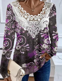 Women's Blouse Tunic Lace Splicing V Neck Long Sleeve Floral Lace Patchwork Print Regular Tops Round Neck Casual Black Light Green Pink Purple Green Spring & Fall