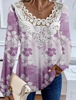 Women's Blouse Tunic Lace Splicing V Neck Long Sleeve Floral Lace Patchwork Print Regular Tops Round Neck Casual Black Light Green Pink Purple Green Spring & Fall