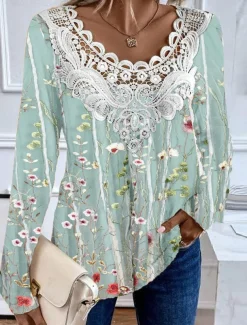 Women's Blouse Tunic Lace Splicing V Neck Long Sleeve Floral Lace Patchwork Print Regular Tops Round Neck Casual Black Light Green Pink Purple Green Spring & Fall