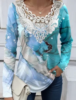 Women's Blouse Tunic Lace Splicing V Neck Long Sleeve Butterfly Abstract Lace Patchwork Print Regular Tops Round Neck Casual Black White Blue Khaki Gray Spring & Fall Prefall