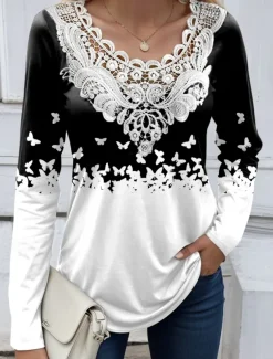 Women's Blouse Tunic Lace Splicing V Neck Long Sleeve Butterfly Abstract Lace Patchwork Print Regular Tops Round Neck Casual Black White Blue Khaki Gray Spring & Fall Prefall