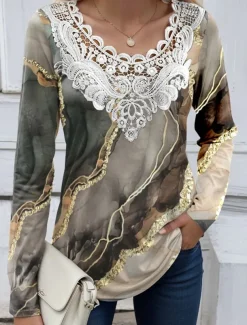 Women's Blouse Tunic Lace Splicing V Neck Long Sleeve Butterfly Abstract Lace Patchwork Print Regular Tops Round Neck Casual Black White Blue Khaki Gray Spring & Fall Prefall