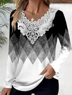 Women's Blouse Tunic Lace Splicing V Neck Long Sleeve Butterfly Abstract Lace Patchwork Print Regular Tops Round Neck Casual Black White Blue Khaki Gray Spring & Fall Prefall