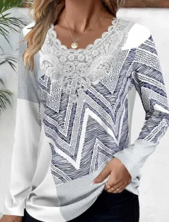 Women's Blouse Tunic Lace Splicing V Neck Long Sleeve Butterfly Abstract Lace Patchwork Print Regular Tops Round Neck Casual Black White Blue Khaki Gray Spring & Fall Prefall