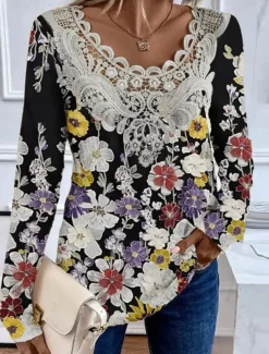 Women's Blouse Tunic Lace Splicing V Neck Long Sleeve Floral Lace Print Regular Tops Casual Holiday Black White Yellow Pink Red Spring & Fall Prefall