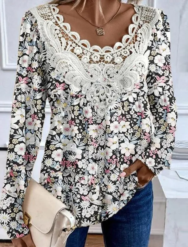 Women's Blouse Tunic Lace Splicing V Neck Long Sleeve Floral Lace Print Regular Tops Casual Holiday Black White Yellow Pink Red Spring & Fall Prefall