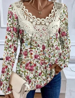 Women's Blouse Tunic Lace Splicing V Neck Long Sleeve Floral Lace Print Regular Tops Casual Holiday Black White Yellow Pink Red Spring & Fall Prefall