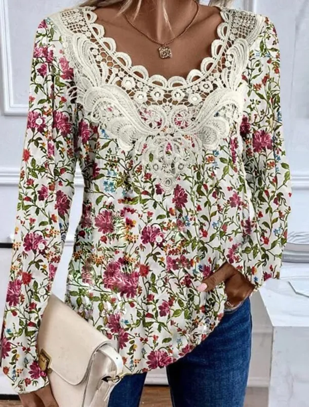Women's Blouse Tunic Lace Splicing V Neck Long Sleeve Floral Lace Print Regular Tops Casual Holiday Black White Yellow Pink Red Spring & Fall Prefall