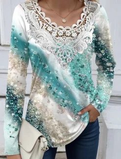 Women's Blouse Tunic Lace Splicing V Neck Long Sleeve Floral Lace Print Regular Tops Casual Holiday Black White Yellow Pink Red Spring & Fall Prefall