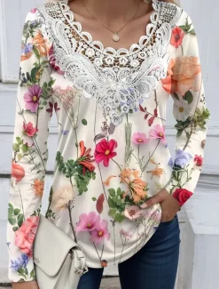 Women's Blouse Tunic Lace Splicing V Neck Long Sleeve Floral Lace Print Regular Tops Casual Holiday Black White Yellow Pink Red Spring & Fall Prefall