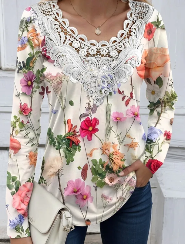 Women's Blouse Tunic Lace Splicing V Neck Long Sleeve Floral Lace Print Regular Tops Casual Holiday Black White Yellow Pink Red Spring & Fall Prefall