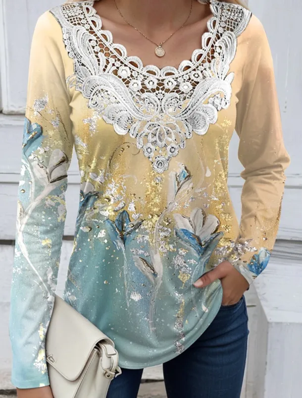 Women's Blouse Tunic Lace Splicing V Neck Long Sleeve Floral Lace Print Regular Tops Casual Holiday Black White Yellow Pink Red Spring & Fall Prefall