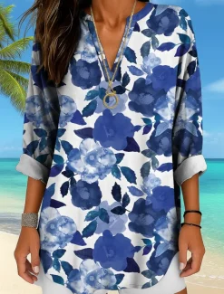 Women's Blouse Tunic V Neck Long Sleeve Boho Casual Floral Graphic Vintage Tropical Regular Tops Daily Wear Print Yellow Red Blue Purple Green