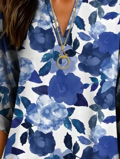 Women's Blouse Tunic V Neck Long Sleeve Boho Casual Floral Graphic Vintage Tropical Regular Tops Daily Wear Print Yellow Red Blue Purple Green