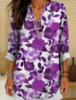 Women's Blouse Tunic V Neck Long Sleeve Boho Casual Floral Graphic Vintage Tropical Regular Tops Daily Wear Print Yellow Red Blue Purple Green