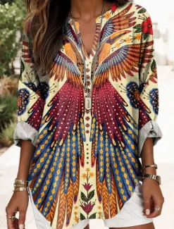 Women's Blouse Tunic V Neck Long Sleeve Boho Casual Tops Floral Graphic Bird Vintage Tropical Regular Tops Daily Vacation Wear Print Yellow