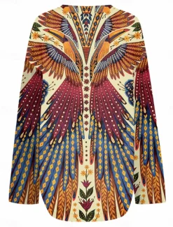 Women's Blouse Tunic V Neck Long Sleeve Boho Casual Tops Floral Graphic Bird Vintage Tropical Regular Tops Daily Vacation Wear Print Yellow