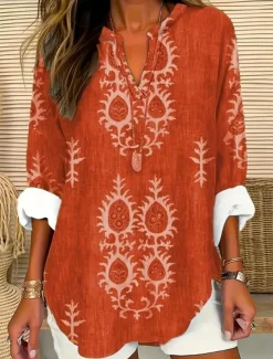 Women's Blouse Tunic V Neck Long Sleeve Boho Casual Tops Floral Graphic Vintage Tropical Regular Tops Daily Wear Print Blue Orange Green