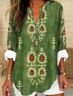 Women's Blouse Tunic V Neck Long Sleeve Boho Casual Tops Floral Graphic Vintage Tropical Regular Tops Daily Wear Print Blue Orange Green