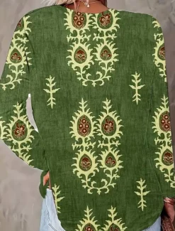 Women's Blouse Tunic V Neck Long Sleeve Boho Casual Tops Floral Graphic Vintage Tropical Regular Tops Daily Wear Print Blue Orange Green