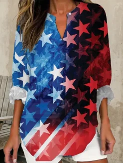 Women's Blouse Tunic V Neck Long Sleeve Boho Casual Patriotic Graphic Flag Vintage Tropical Regular Tops Daily Wear Print Black Red Blue